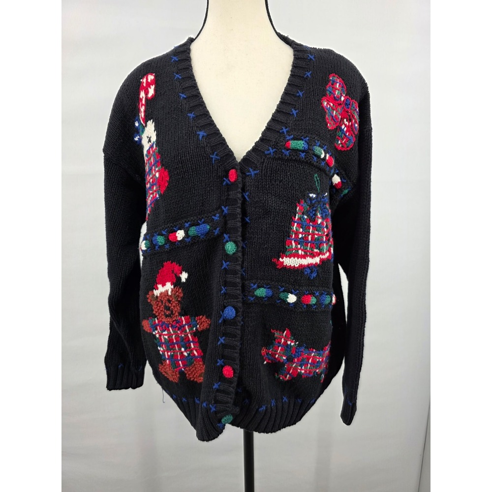Hip Stitch Vintage Christmas Cardigan Sweater Black Knit Teddy Bear Dog Small